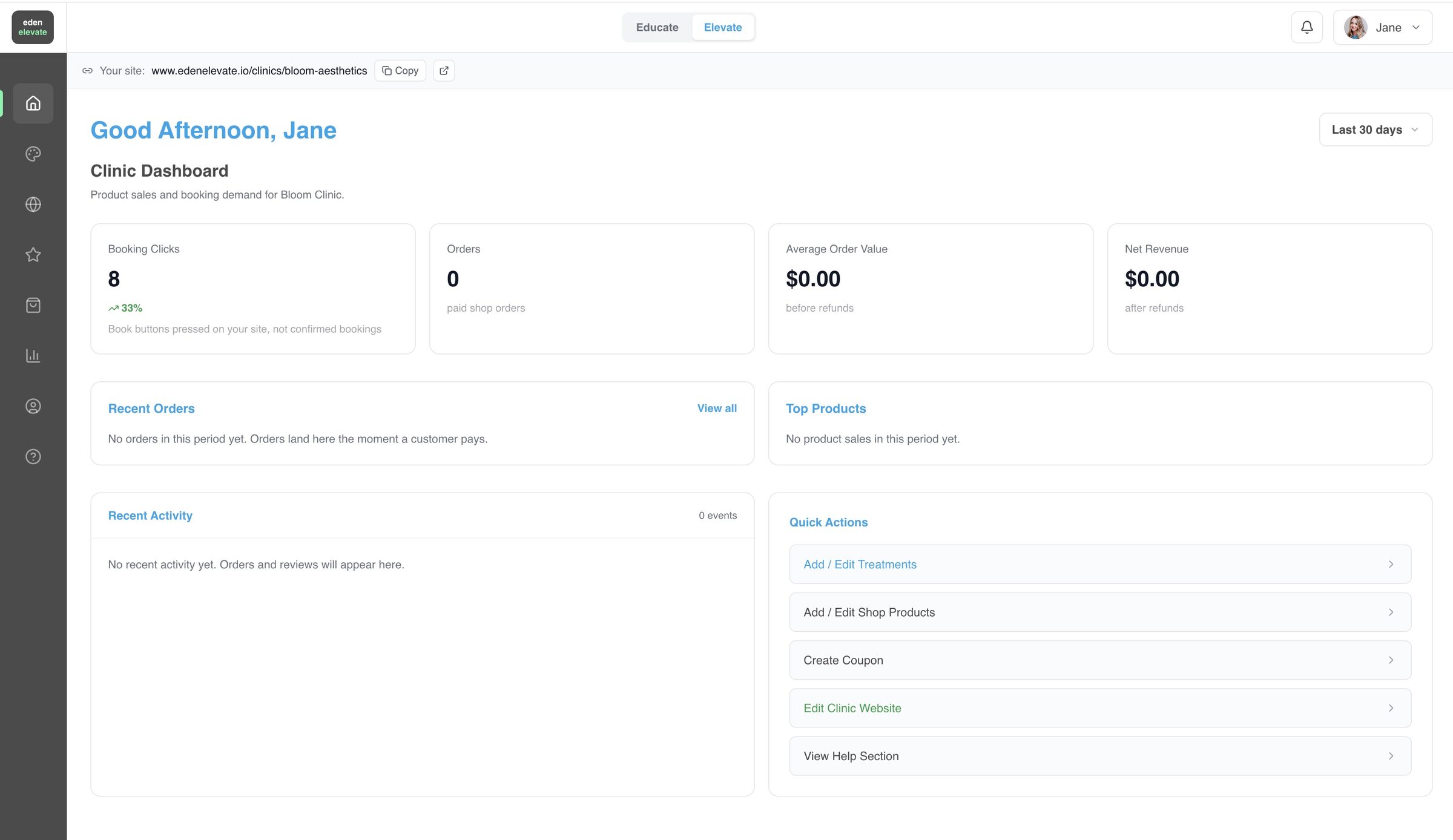 The Eden Elevate clinic dashboard showing revenue, bookings, and recent activity