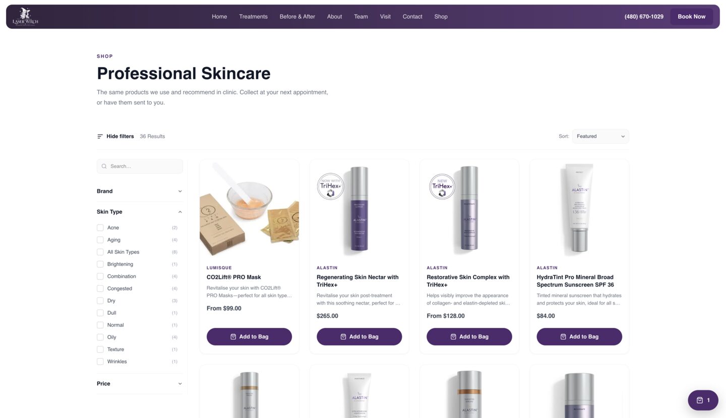 A clinic skincare shop built with Eden Elevate showing product cards with filters and Add to Bag buttons
