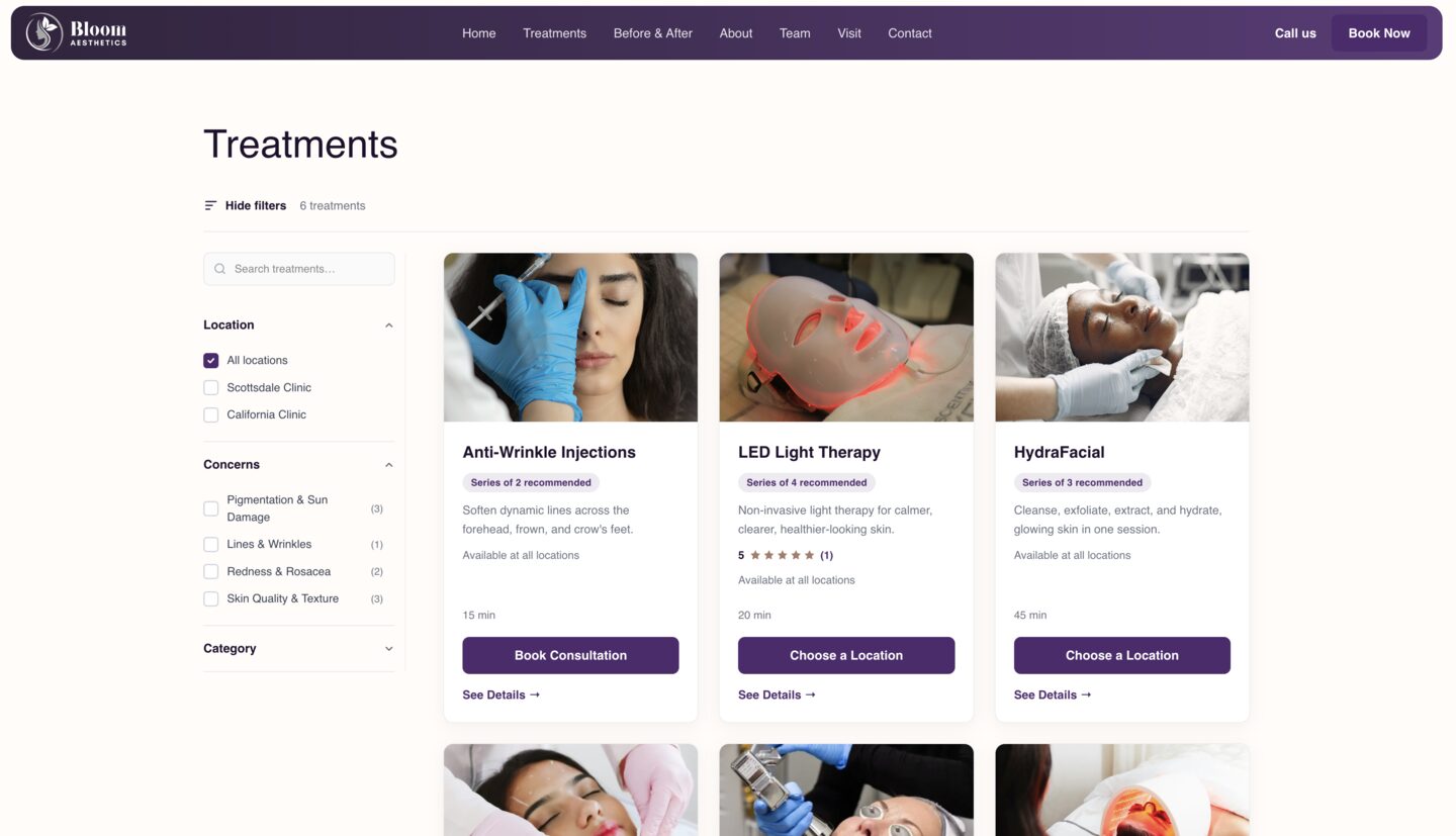 A clinic treatments page built with Eden Elevate showing treatment cards with Book buttons